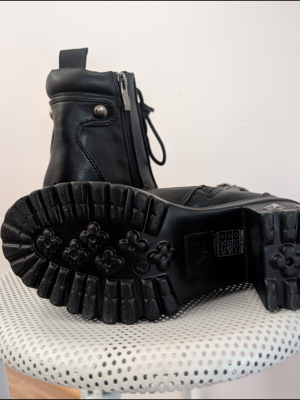 Children Black Lace-Up Combat Boot with Lug Sole - Picture 4 of 6